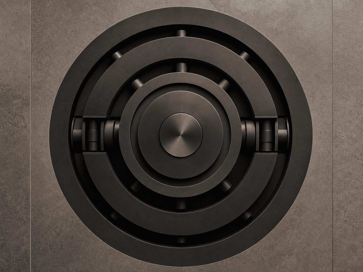 Precision circular mechanism in dark metal, evoking a vault